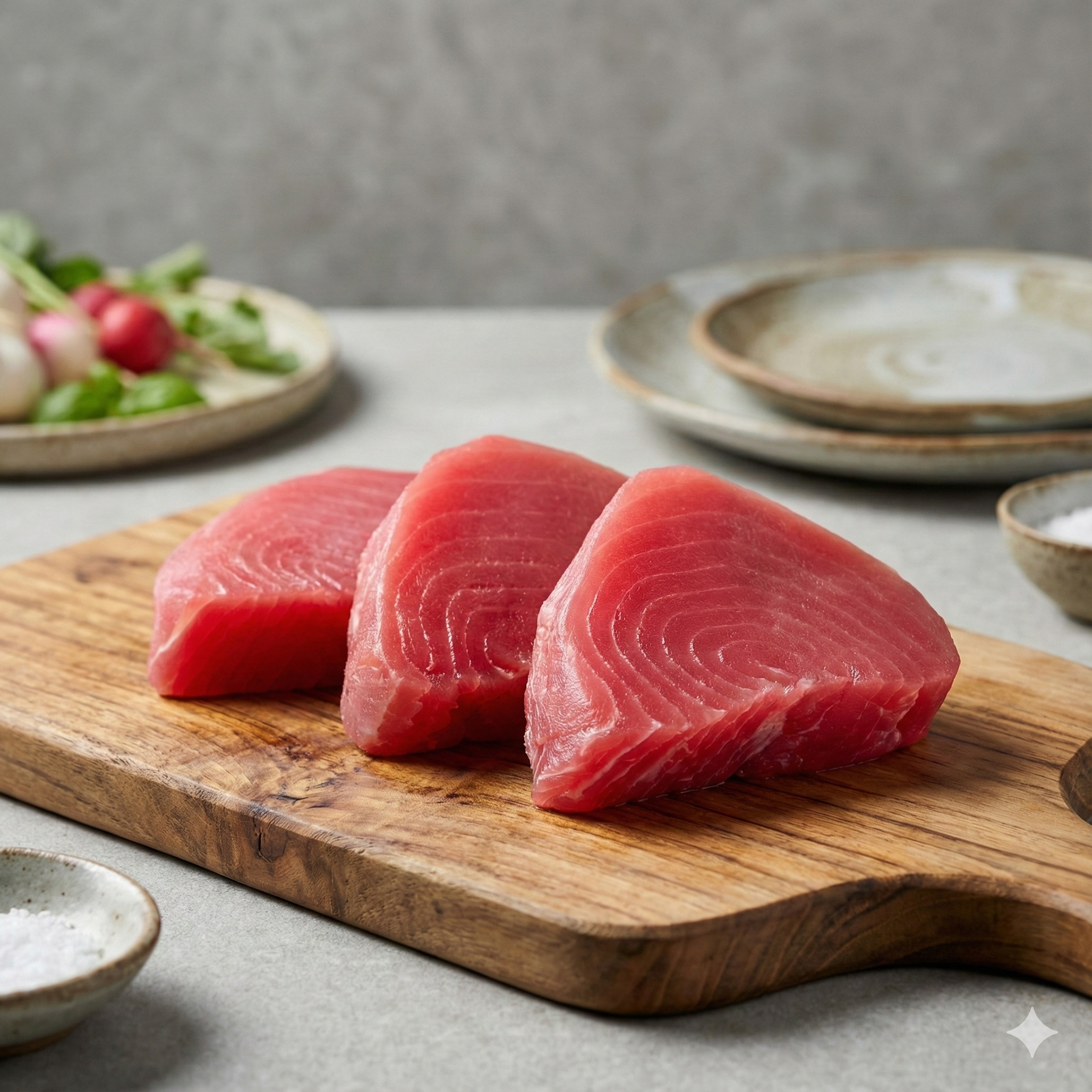 Atún en porciones  - Porciones de atún de entre 180 y 200 gramos, sellados al alto vacío y empacados en cajas de 10 kg